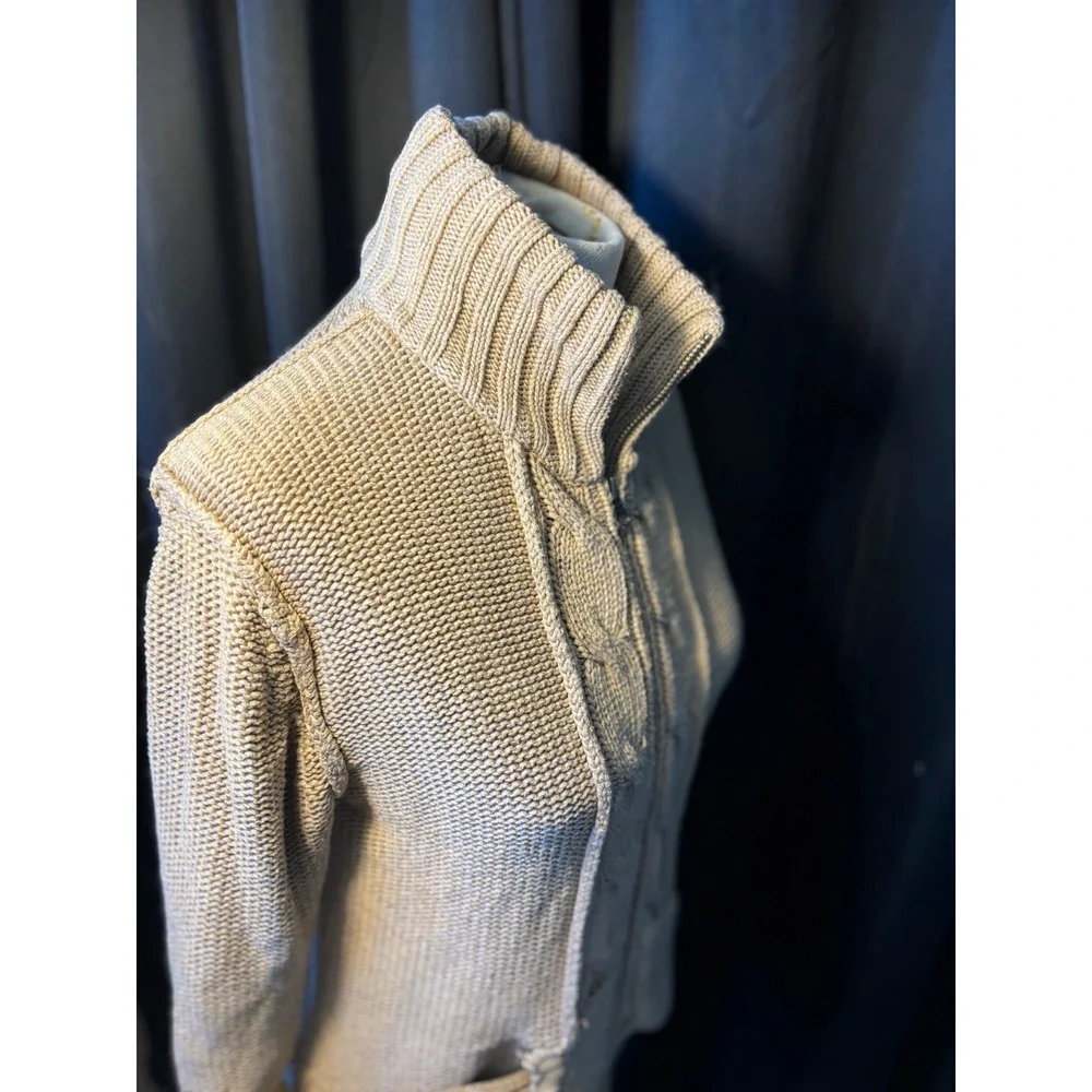 Old Navy Tan‎ Beige Cable Knit Full Zip Mock Neck Chunky Sweater  Womens M